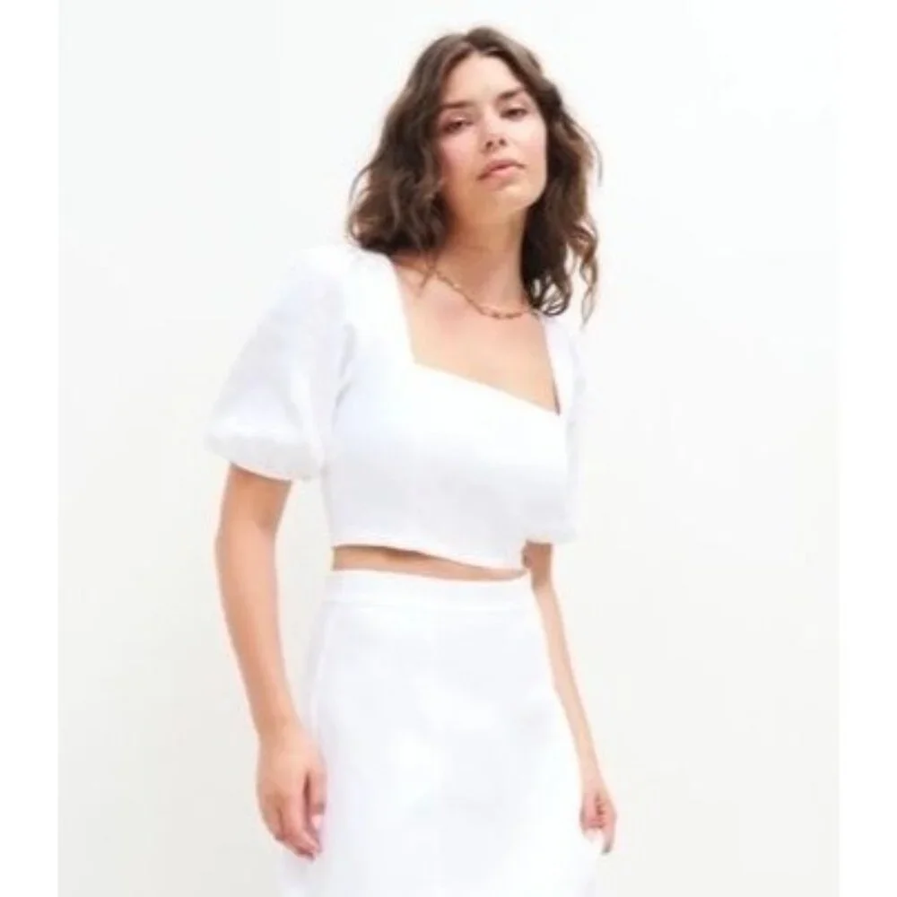 Reformation White Pure Linen Puff Sleeve Square Neck Cropped Blouse Top Size 2